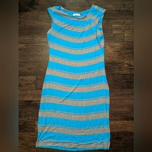 Calvin Klein Blue and Gray Striped Midi Dress